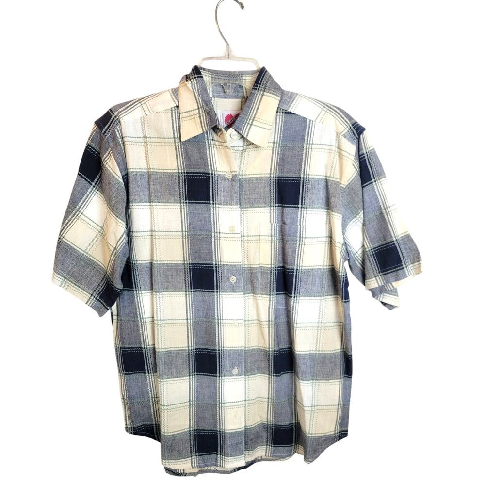 NWT VTG Keren Hart Blue White Plaid Short Sleeve Button Up Shirt Womens Sz Small